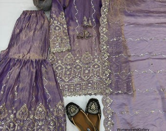 Embroidered Satin Salwar Kameez, Pakistani Wedding Sharara, Partywear Dress