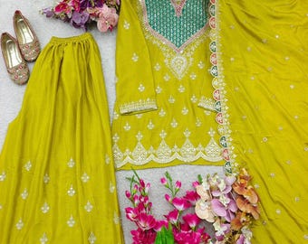 Embroidered Silk Salwar Kameez with Dupatta, Pakistani Sharara Suit