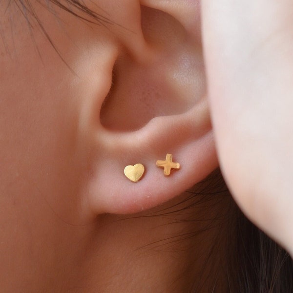 Mini Tiny Heart Stud Earrings · Gold Charming Tiny Petite Little Hearts Minimalist Love Plus Cross Earrings Set Sweet Stylish Daily Earrings