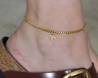 Gold Filled Zodiac Anklet, Zodiac Charm, Initial Letter Anklet, Herringbone Snake Chain Anklet, Leo Libra Aries Taurus Capricorn Cancer Gift