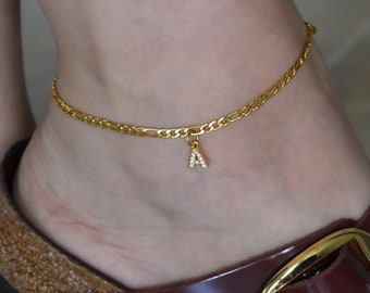 Gold Filled Initial Letter Anklet, Pearl Anklet, Figaro Chain Anklet, A M C J E G Link Chain, Zodiac Pendant Anklet WATERPROOF Gift Jewelry
