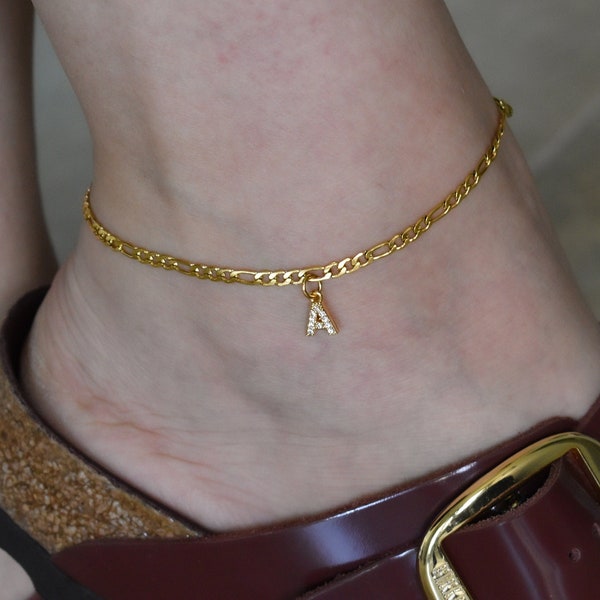 Gold Filled Initial Letter Anklet, Pearl Anklet, Figaro Chain Anklet, A M C J E G Link Chain, Zodiac Pendant Anklet WATERPROOF Gift Jewelry