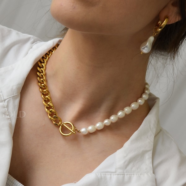 Collier ras de cou avec perles dorées, mélange de perles, grandes boucles d'oreilles, collier de perles baroques fait main pour sa mère, bijoux de tous les jours IMPERMÉABLES