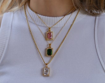 Gold Filled Emerald Pink Crystal Victorian Pendant Necklace · Crystal Necklace European Style Square Necklace WATERPROOF Gold Chain Necklace