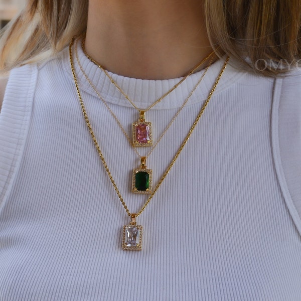 Gold Filled Emerald Pink Crystal Victorian Pendant Necklace · Crystal Necklace European Style Square Necklace WATERPROOF Gold Chain Necklace