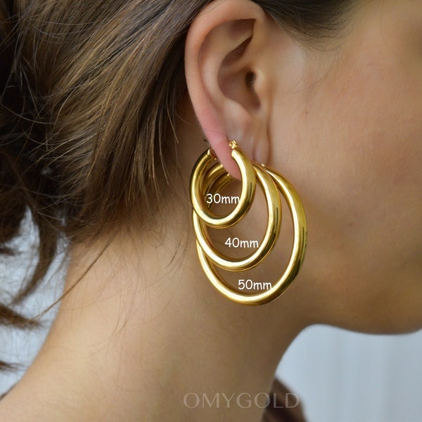 Gold Hoop Earrings 6 Size Hoop Earrings 50mm, 40mm, 30mm Circle Silver Hoop Earrings WATERPROOF Earrings Thick Large Outstanding Her Jewelry