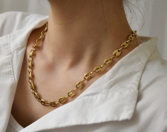 Gold Filled Coffee Bean Chain Necklace, Bean Chunky Necklace, Gold Thick Choker Women Anklet, Waterproof Everyday Wear Jewelry Gift For Her