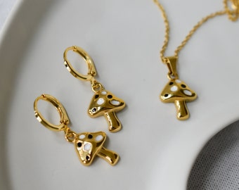 Mushroom Earrings - Unique Mushroom Necklace Jewelry Set - Gold Filled Dangle Hoop Earrings WATERPROOF Minimalist Christmas Birthday Gift