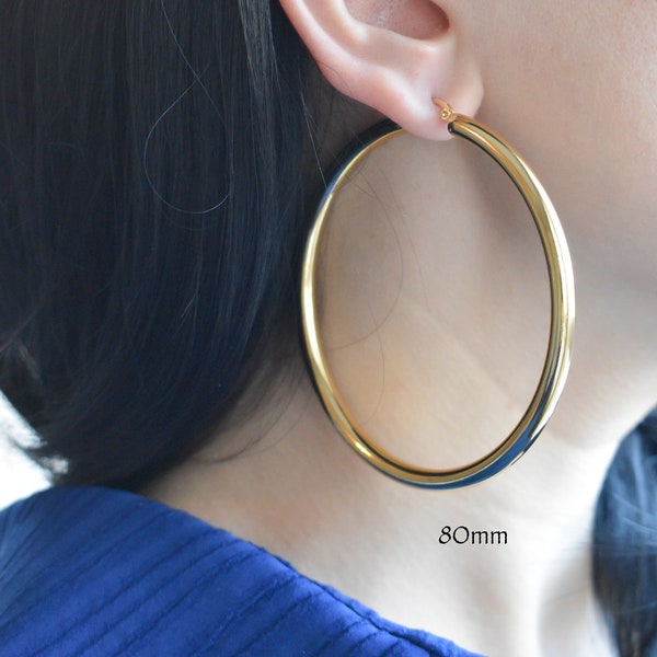 Boucles d'oreilles créoles remplies d'or de 60 70 80 mm 6 tailles de boucles d'oreilles rondes Meilleures boucles d'oreilles imperméables extra larges et épaisses, les meilleurs bijoux pour femmes