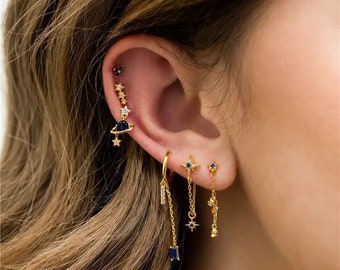 4 pc Gold Piercing Earrings Set - Blue CZ Stud EarCuff Cartilage Helix Stars Universe Sapphire Earrings WATERPROOF Minimalist Gift Jewelry