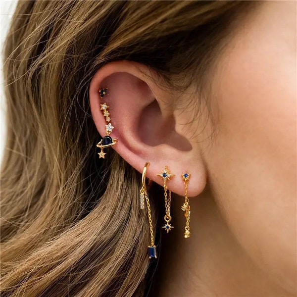 4 pc Gold Piercing Earrings Set - Blue CZ Stud EarCuff Cartilage Helix Stars Universe Sapphire Earrings WATERPROOF Minimalist Gift Jewelry