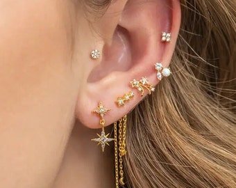 Gold 6pc Stud Piercing Earring Set - Multiple Pieces Star Flower Dainty Mini Small Handmade Women Her Earrings WATERPROOF Minimalist Jewelry