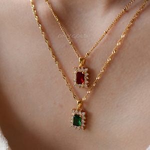 Gold Emerald Necklace Ruby Turquoise Pendant Topaz Square Necklace, Gold Filled Chain Necklace Earrings SET WATERPROOF Zircon Jewelry Gift