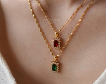 Gold Emerald Necklace Ruby Turquoise Pendant Topaz Square Necklace, Gold Filled Chain Necklace Earrings SET WATERPROOF Zircon Jewelry Gift