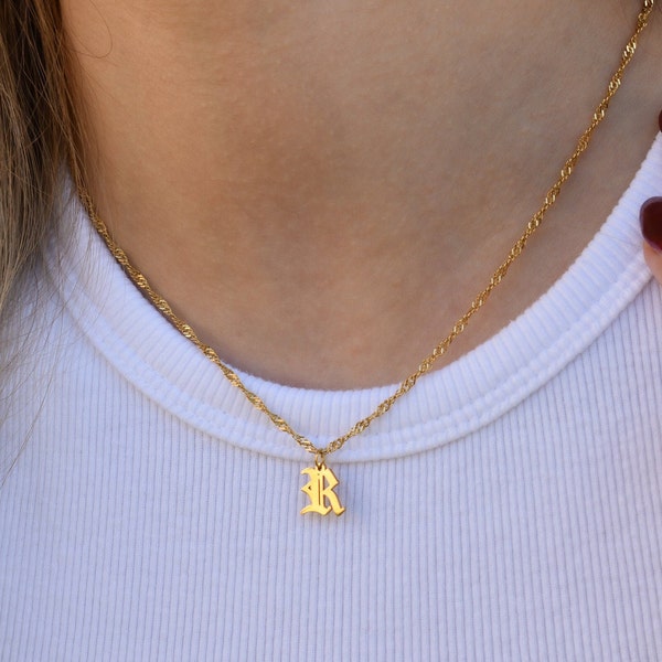 Gold Filled Old English Letter Necklace, Initial Necklace, Old English Name R Necklace WATERPROOF Solid Necklace, Personalized Name Necklace