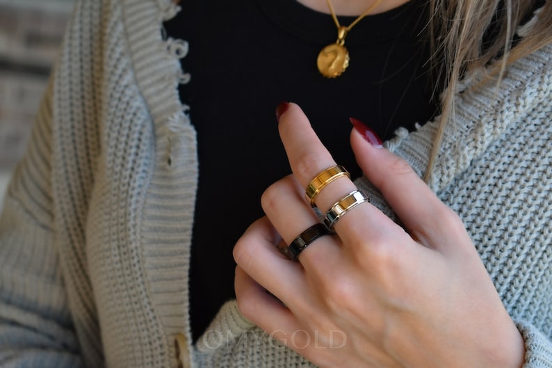 Fidget Rings, Sterling Silver Spinner Rings, Gold Filled Band Rings, Black Spin Boredom Ring, Silver Rings, Personalized WATERPROOF Ring Set image 6