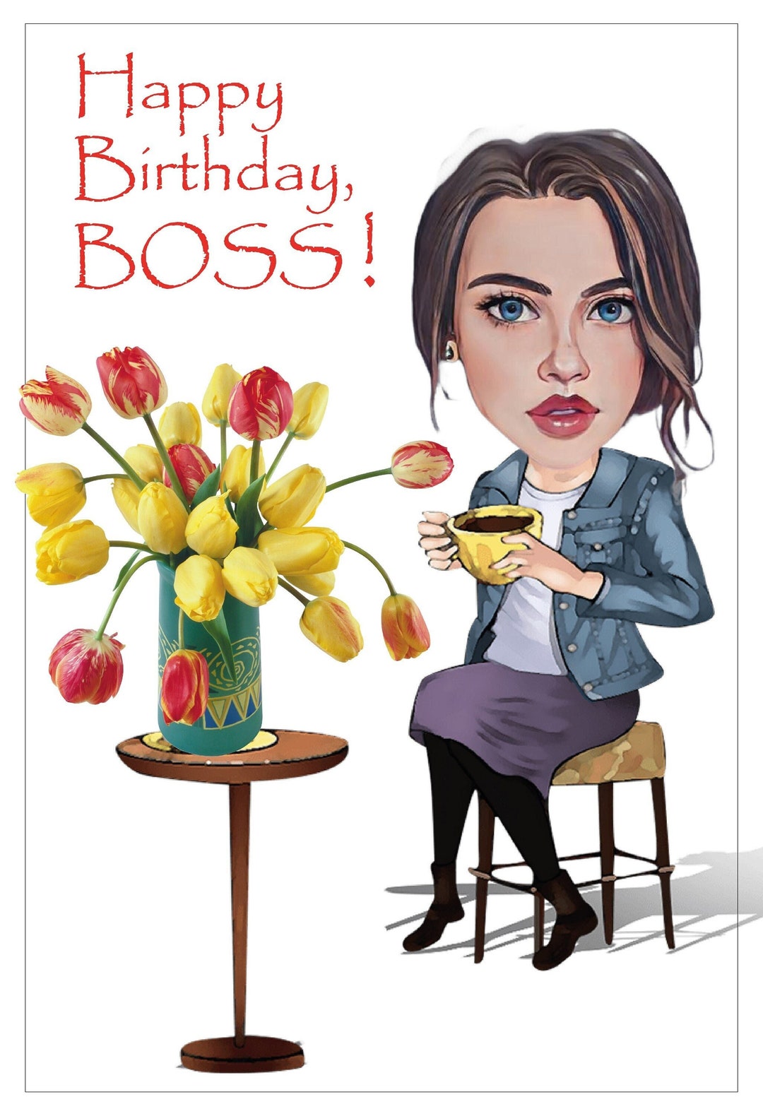 Cartoon Portrait Card Birthday Boss Wooman Greeting Card Custom 