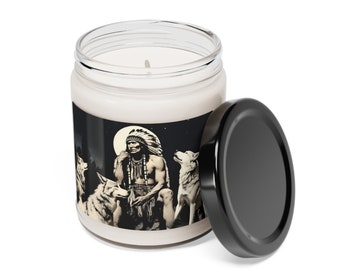 Indian Chief Scented Candle | Night Sky Tribe Wolf Pack Mountain Soy Wax | Tribal Wolves Gift | Resting Native American Glass Aromatic Jar