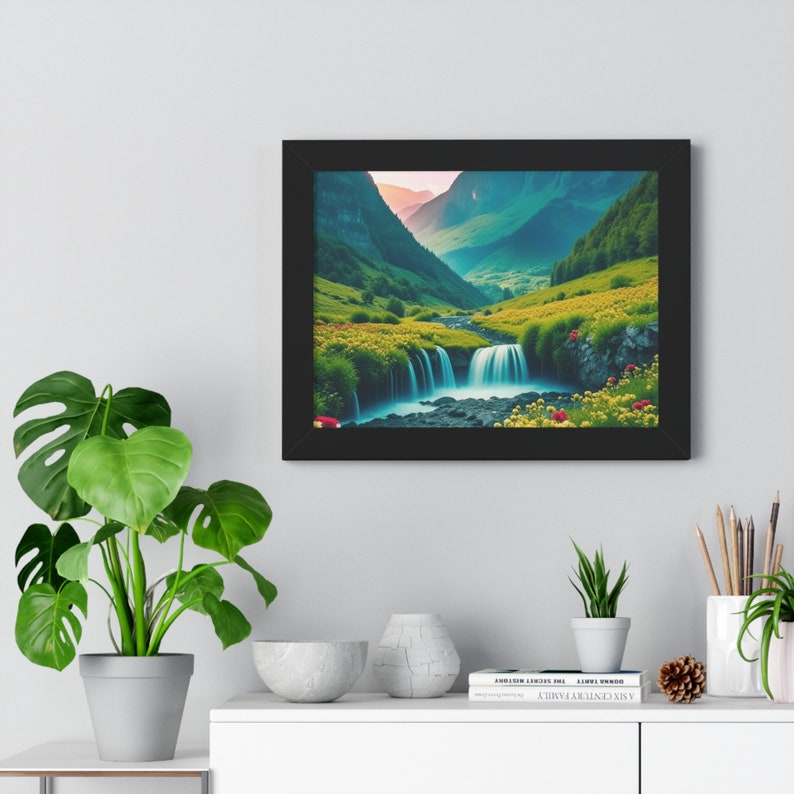 Beautiful Mountain Valley Framed Poster, Waterfall Nature Scene Picture ...