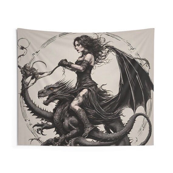 Dragon Gothic Beauty Rider Tapestry Gorgeous Woman Medieval Beast Wall Hanging Dragon Keeper Art Decor Etsy