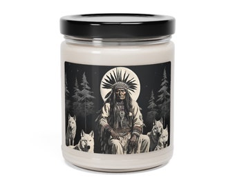 Indian Chief Scented Candle | Night Sky Tribe Wolf Pack Mountain Soy Wax | Tribal Wolves Gift | Resting Native American Glass Aromatic Jar