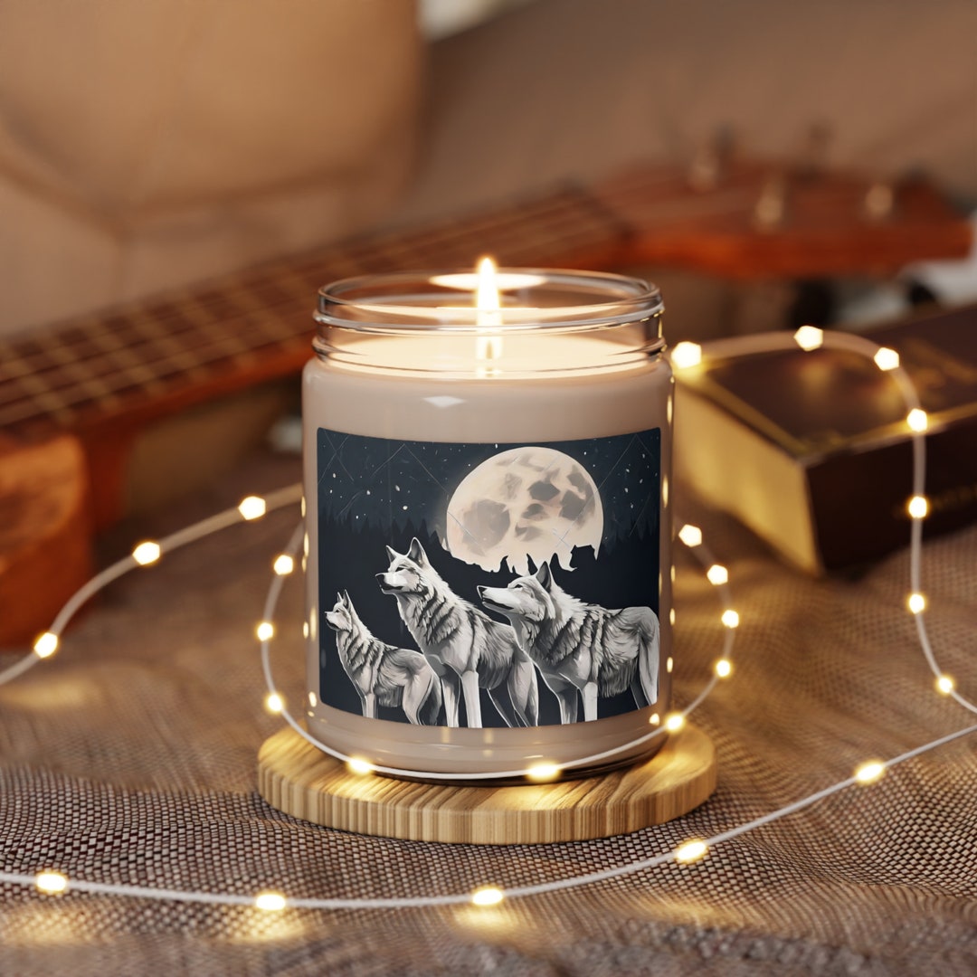 Moon Wolves Candle Night Sky Mountain Wolf Pack Scented Soy Jar Starry