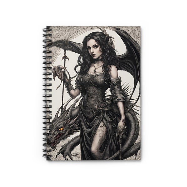 Gothic Winged Dragon Morphing Woman Spiral Notebook, Beautiful Dark Gargoyle Bat Girl Seductive Mistress Paper Journal