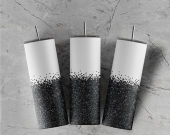 May include: Three white tumblers with black glitter at the bottom. The tumblers have black lids and silver straws.