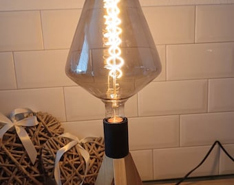 Table lamp wooden tripod bulb Smoky E27