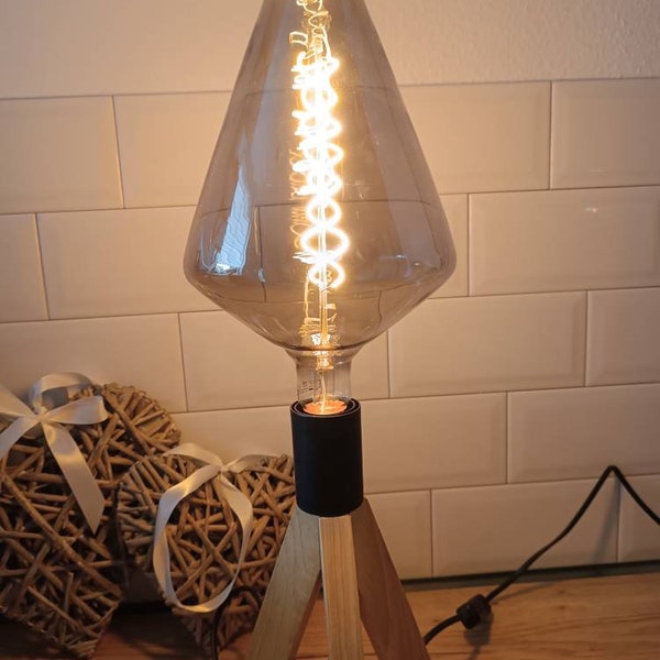Tischlampe Holz Dreibein Leuchtmittel Smoky E27