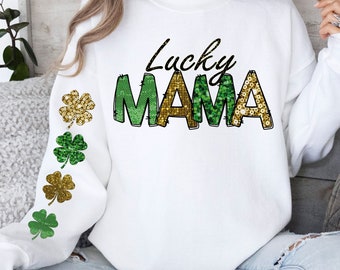 Lucky Mama St. Patrick’s PNG Sublimation Design, Mama St. Patrick's Day Glitter Png, Shamrock Png, Retro Mama Png, Clover Png, Faux Sequins
