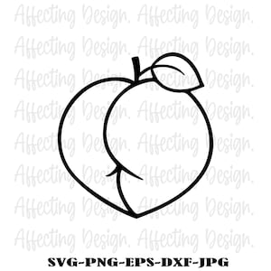 May include: A black and white line drawing of a peach with a leaf. The peach is stylized with a heart-shaped design. The text "SVG-PNG-EPS-DXF-JPG" is at the bottom of the image.