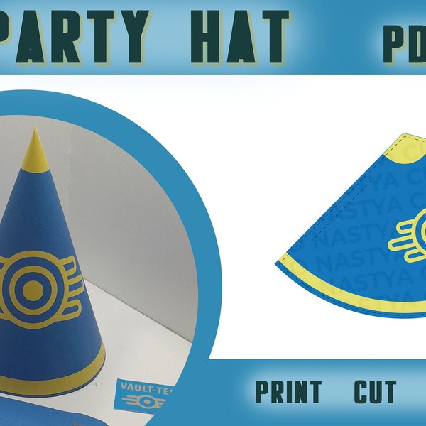 Fallout Fan Art Vault-tec, Chapeau de fête PDF, Chapeau d’anniversaire, Papier numérique de fête, Décor d’anniversaire imprimable, Décoration de fête DIY IMPRIMABLE