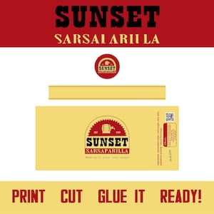 Sunset Sarsaparilla-etikett för fans, PDF-etikett, utskrivbar digital fankonst, flaskreplika, cosplay, Fallout-inspirationsfest