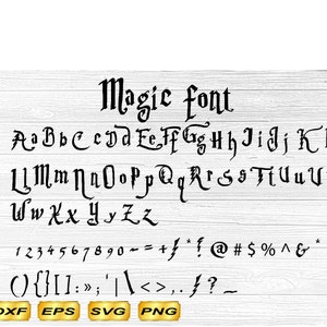 May include: A black and white image of a font with the word "Magic font" at the top. The font includes uppercase and lowercase letters, numbers, and symbols.