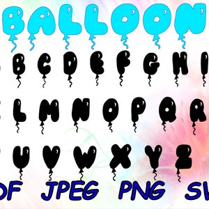Pode incluir: Letras do alfabeto em preto e azul em forma de balões. As letras estão em maiúsculas e estão organizadas alfabeticamente. As letras estão sobre um fundo branco. As palavras PDF, JPEG, PNG e SVG estão escritas em azul na parte inferior da imagem.
