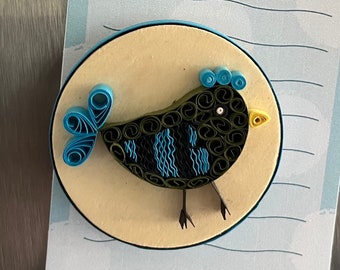 Paper Quilled Art Fridge Magnet, Whimsical Art, Bird Magnet, Quilling on Wood, Housewarming Gift