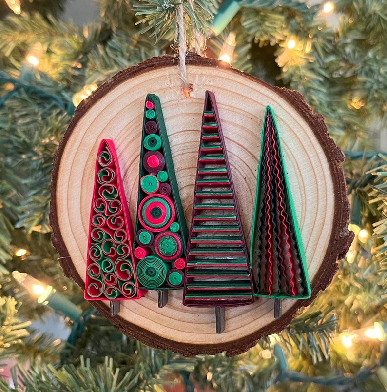 Funky Christmas Trees Ornament Handmade Quilling on Wood Etsy UK