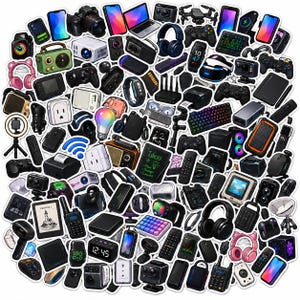 May include: A collection of assorted electronic device stickers including smartphones, gaming controllers, cameras, headphones, smartwatches, keyboards, projectors, and radios. The stickers feature various gadgets, a lightbulb, a Wi-Fi symbol, and a tablet displaying a lightbulb icon with the text Ideas Plan Launch.