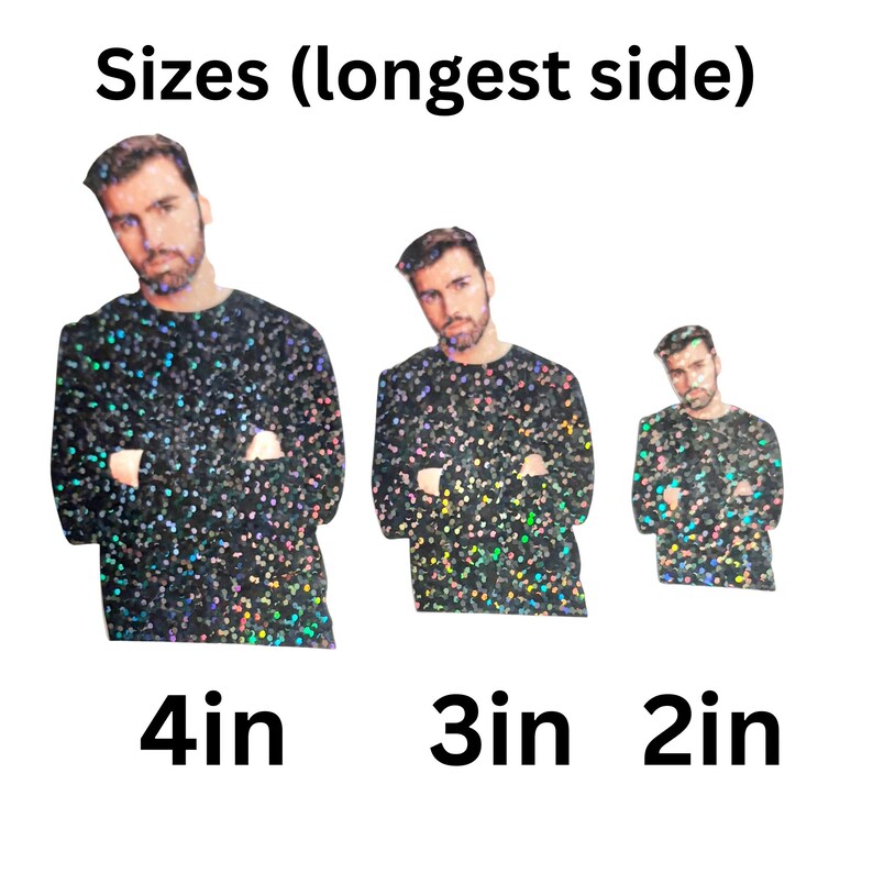 Pu&ograve; includere: Tre figure nere glitterate di una persona con le braccia incrociate, ognuna di dimensioni diverse. La pi&ugrave; grande &egrave; 10 cm, la media &egrave; 7,6 cm e la pi&ugrave; piccola &egrave; 5 cm. Il testo "Sizes (longest side)" &egrave; in alto.