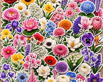 50 st. blommiga, vattentäta vinylklistermärken | Planerare | Ros | Pion | Solros | Lilja