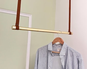 Ceiling Mounted Clothes Rack Brass Rod Leather Straps Minimalist Wardrobe