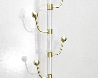 Brass & Lucite Wall Coat Rack | Modern Accessories Storage Hooks | Luxury Mounted Entryway Organizer