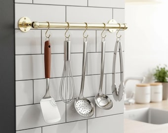 Unlacquered Brass Pot Rail with S-Hooks – Kitchen Rail | Hanging Utensil Rack | Vintage Style Storage
