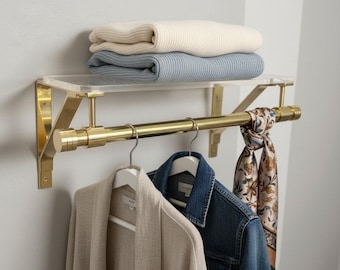 Luxury Lucite & Brass Shelf with Clothing Storage Bar – Modern Bathroom Storage, Floating Rack
