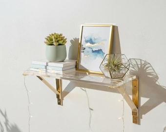 Customize Acrylic Wall Shelf with Brass Brackets – Modern Floating Shelf for Bathroom, Bedroom, Entryway