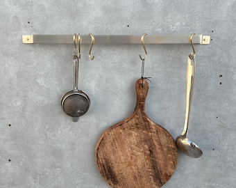 Solid Brass Wall Mount Rail with 5 Hooks: Kitchen Utensil Rack