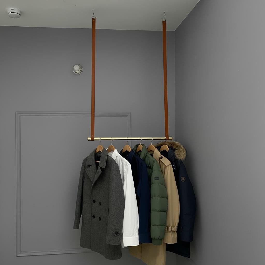 Ceiling Mounted Clothes Rack Brass Rod Leather Straps Minimalist ...