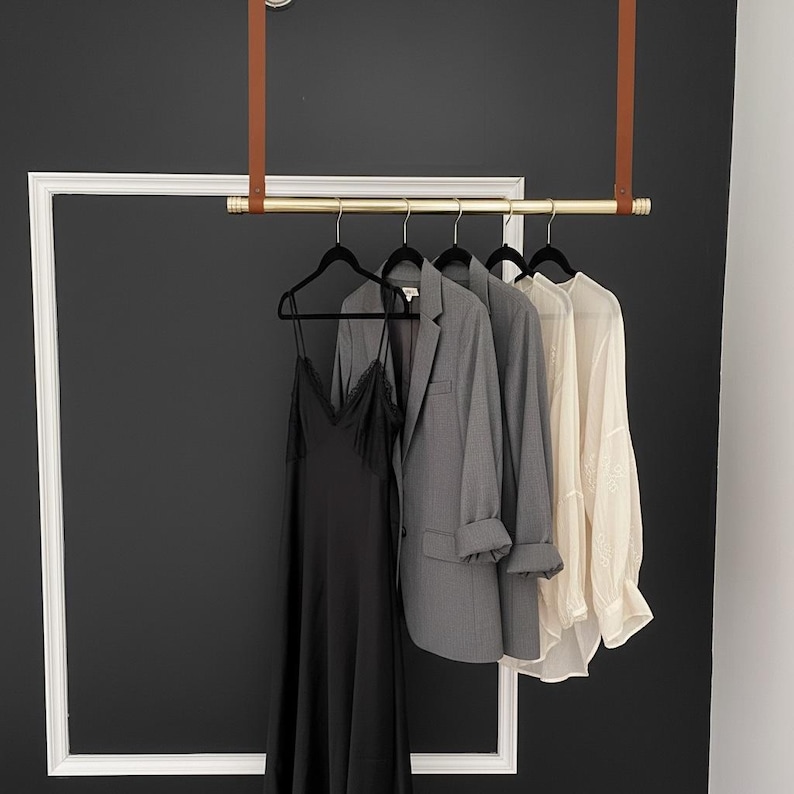 Ceiling Mounted Clothes Rack Brass Rod Leather Straps Minimalist ...