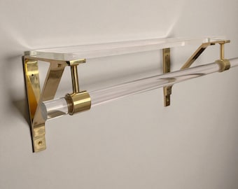 Lucite & Brass Wall Mounted Clothing Rack with Shelf Modern Boutique Display Clear Closet Rod